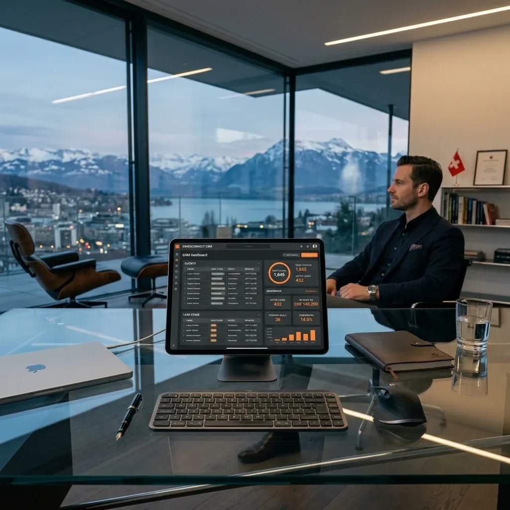 Ein sauber strukturiertes Kunden-Dashboard neben einem Haufen unorganisierter Notizzettel