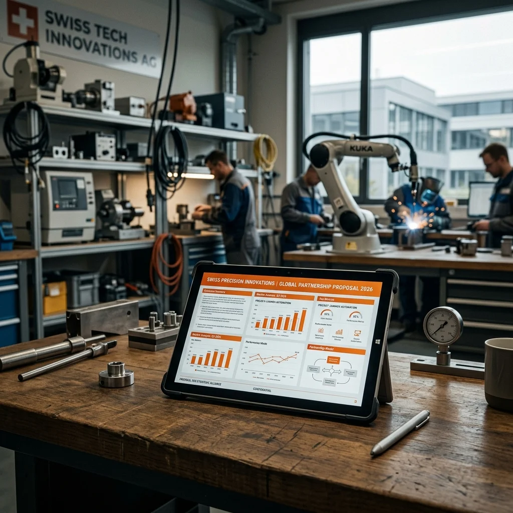 Ein Tablet auf einer Werkbank zeigt ein automatisch generiertes Angebot